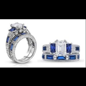 Tri-Stone Sapphire Emerald Cut Engraved Ring Set
